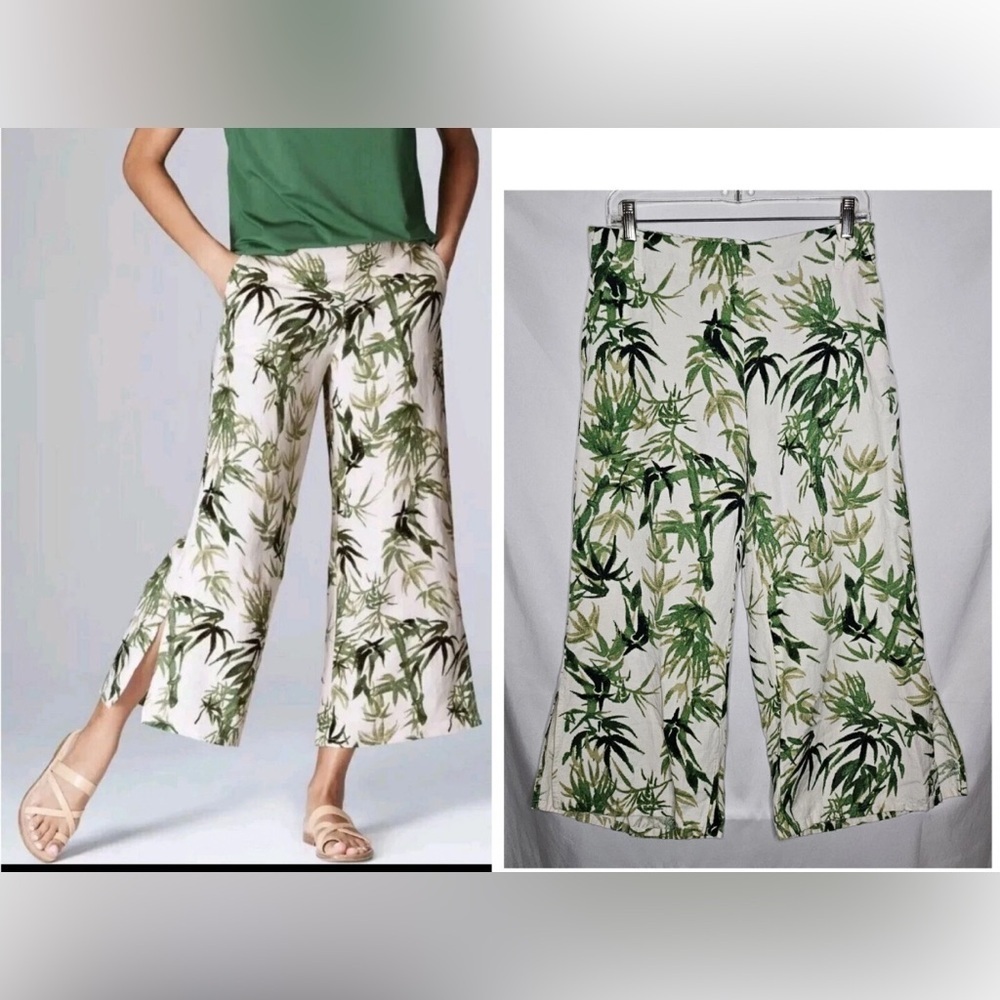 J.Jill Linen Blend Barley Palm Bamboo Tropical Wide Leg Culottes Pants M Petite